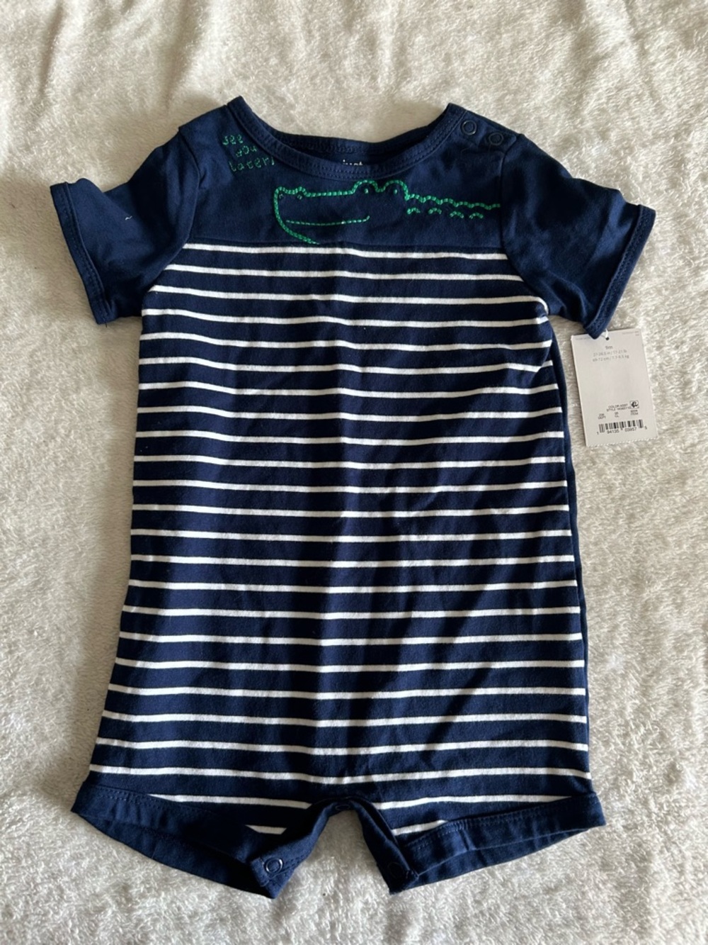 Baby Navy & White Striped Romper with Crocodile Logo